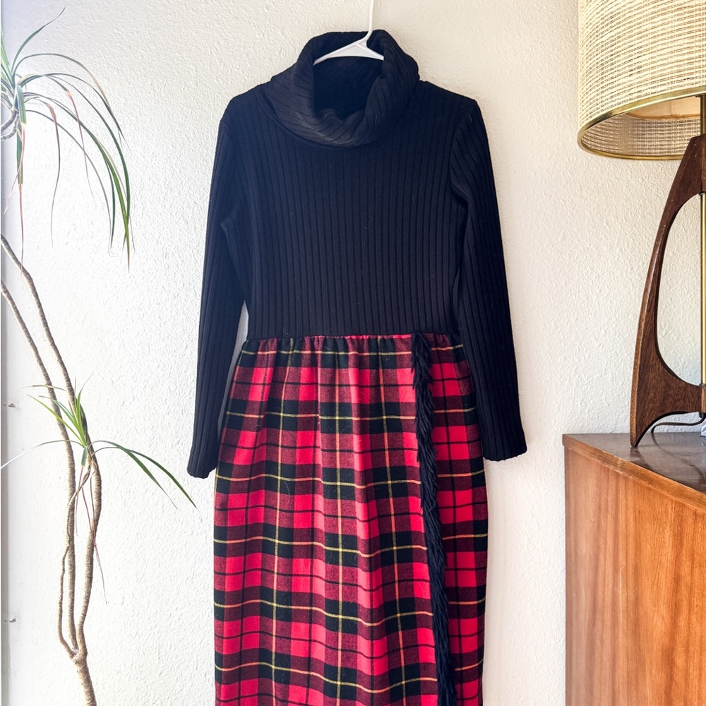 Black & Red Jonathan Logan 1970s Tornado Sweater Dress with Plaid and Fringe